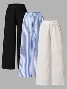 3pcs Girls' Striped Textured Casual Straight Leg Pants, Suitable For Daily Wear - Blue - View 1