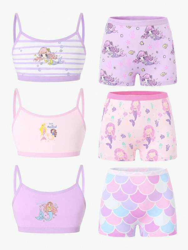 SHEIN 少女内衣套装，可爱美人鱼多色印花内裤三件套（迷你款），采用优质棉制成