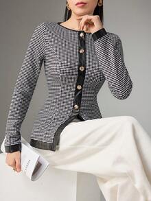 Heiryn Camisa elegante de mujer de cuello redondo, manga larga y abotonadura sencilla con estampado de pata de gallo - Blanco y Negro - Ver 6