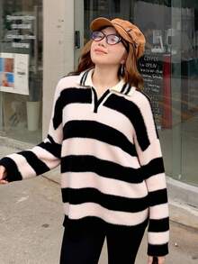 DAZY Áo len dài tay thường ngày họa tiết sọc phong cách Hàn Quốc dành cho nữ, Thu/Đông - Hồng - Xem 5