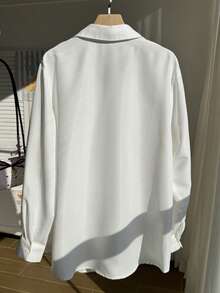 SHEIN EZwear 大码女式马术印花长袖单排扣白衬衫，春夏， - 白色 - 查看 3