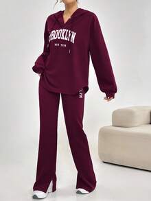 Mulvari 2pcs Women Casual Letter Print Drawstring Hooded Sweatshirt And Pants Set, Autumn 2 Pieces Set - Red Violet - View 2
