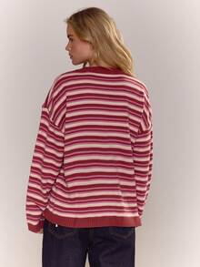 MUSERA Button Through Oversized Stripe Knit Cardigan Cute Cool Girl Cosy Winter Everyday Clean Girl Casual Cottage Core Old Money Butterscotch Evening Party Elegant Spring - Burgundy - View 2