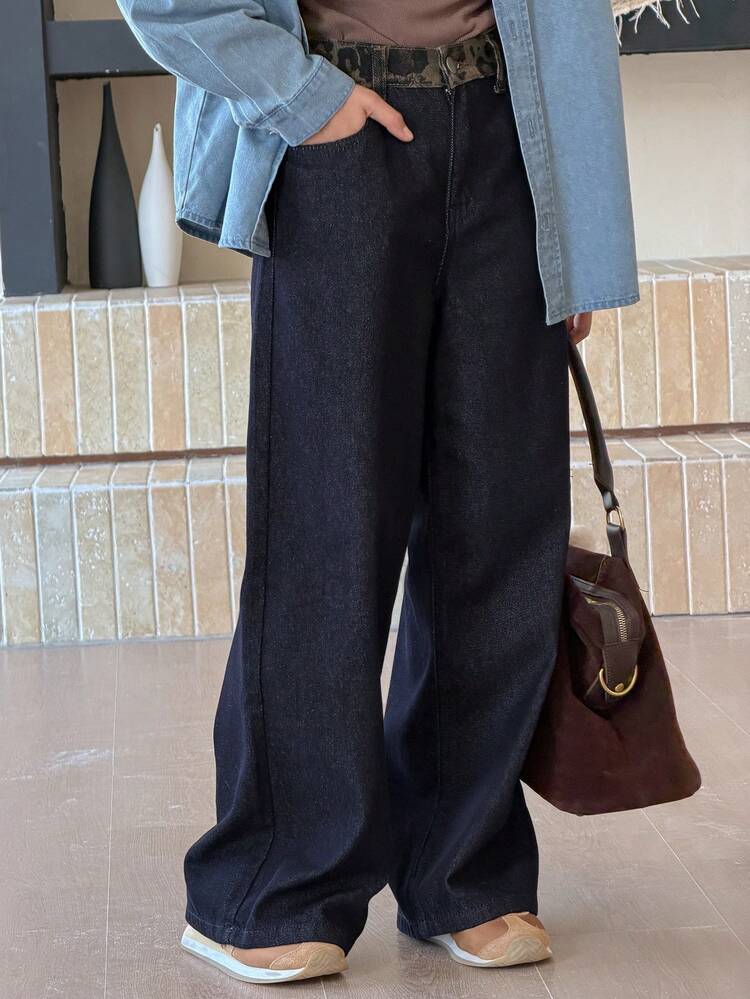 Tween Girls' Patchwork Leopard Print Waistband Pocket Wide Leg Casual Jeans