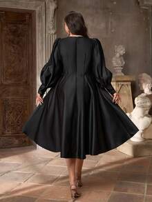 Aureia Plus Size Elegant Romantic Black Ruffle Collar Puff Sleeve A-Line Dress, Suitable For Wedding, Party, Celebration, Formal Evening Gown