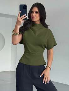 Firerie Crinkle Collar Asymmetrical Sleeve Side Ruched Waist Slim Fit Apricot Bamboo Fiber Fabric Blouse For Women, All Season Solid Color Tops Dark Green Top Olive Green Top Women Tops Elegant - Army Green - View 5