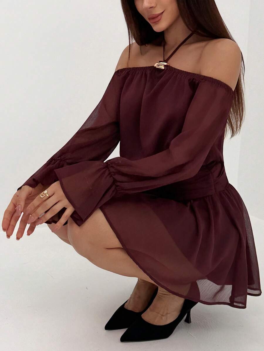 Aloruh Váy ngắn hở vai màu trơn gợi cảm thời trang dành cho nữ - Màu Khaki - Xem 1