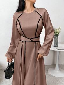Modelyn 束腰蝴蝶结撞色滚边休闲时尚通勤派对连衣裙长款晚礼服 - 粉色 - 查看 3