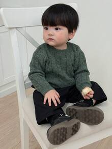 DAZY 男童圆领麻花针织卡通刺绣纯色毛衣 - 綠色 - 查看 7
