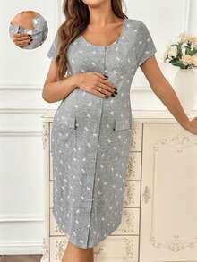 SHEIN Maternity Bow Print Short Sleeve Dress Nursing Dresses Maternity Dress Summer Maternity Two Piece Sets Labor And Delivery Gown Maternity Clothes Two Piece Suits - Pink - View 6