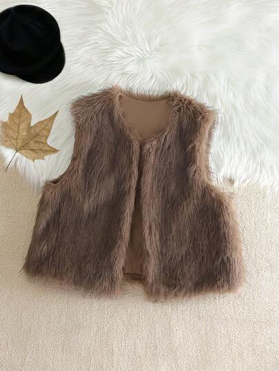 SHEIN PETITE CURVE 大码女式纯色开襟蓬松背心外套，冬季必备