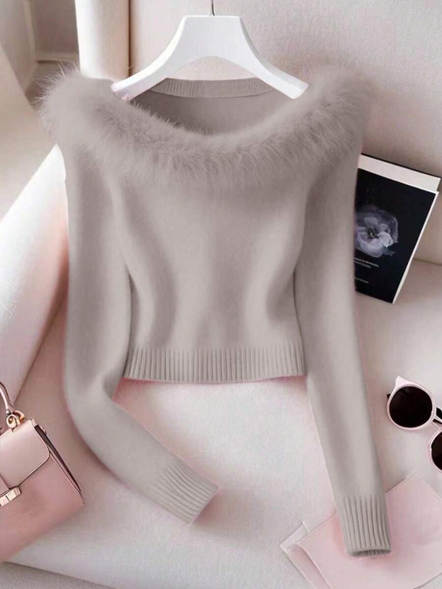 Franclia 女士秋冬时尚拼接仿毛领修身长袖毛衣 - 卡其色 - 查看 1