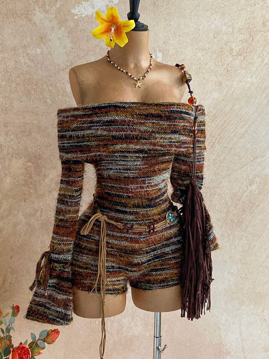 Soleia Women's All-Over Print Off Shoulder Fitted Stylish Vacation Long Sleeve Jumpsuit