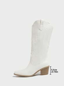 Daringsoles 女式尖头粗跟一脚蹬白色西部靴，绒面刺绣及膝马靴，适合秋冬 - 白色 - 查看 7