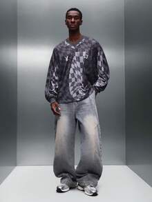 PLAYBOY X SUMWON Checkerboard Long Sleeve V-Neck Tee Bunny Logo Number 53 Jersey Tee Checkered Pattern Casual Top - Grey - View 8