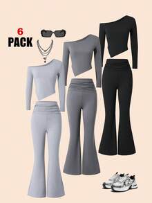 Bộ 3 áo thun bó vai bất đối xứng ChillGRL và quần ống loe nhún bèo, trang phục mùa thu thoải mái, phù hợp cho thanh thiếu niên và phụ nữ trẻ - Nhiều màu - Xem 4