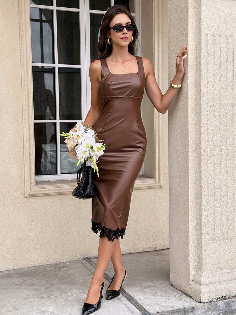 Serisse Women's Elegant Brown PU Fitted Mid-Length Dress With Lace Hem,Summer Night Out Spaghetti Strap Fashionable Vintage French Style Casual Outfit - Brown - View 1