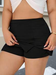 SHEIN EZwear 大码女装，迷你裙，纯黑色简约A字裙裤，休闲日常穿着，女士冬季服装