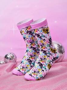 THE POWERPUFF GIRLS X SHEIN 2 Pairs Cute Cartoon Pattern Women's Mid-Calf Cotton Socks, Casual And Suitable For Daily Wear