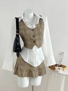 Elamini 返校格子V领纽扣设计背心和低腰百褶裙套装 - 棕色 - 查看 1