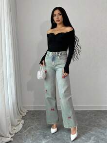 Teen Girls Cute Retro Vintage Light Blue Straight Leg Jeans,Y2K Aesthetic Loose Fit Cotton Denim With Embroidered Cherry,Summer Holiday Back-To-School - Light Wash - View 5