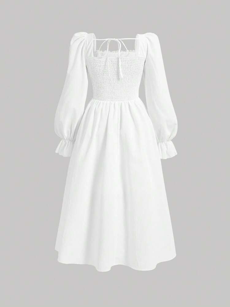 SHEIN MOD Square Neck Flare Sleeve Lace Up Waist Ruched Bust Vintage Dress - White - View 2