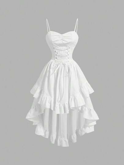 SHEIN MOD 女士纯色心形领口交叉系带荷叶边不对称复古下摆连衣裙，毕业白色连衣裙