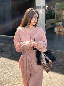 DAZY 女士V领开衫纹理面料收腰衬衫和阔腿裤休闲两件套 - 粉色 - 查看 5