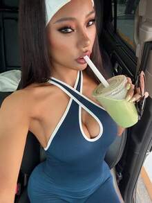 Dewbera Contrast Trim Backless Halter Jumpsuit Sexy Jumpsuit Bodycon Jumpsuit Seamless Workout Jumpsuit - Multicolor - View 3