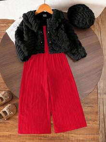 SHEIN Chaqueta con botones y cuello de solapa de manga larga con estampado de corazón de tejido de jacquard acanalado reversible de color café + accesorio de sombrero para niñas pequeñas, combinado con un mono de punto acanalado de 12*4 de color negro, adecuado para uso diario en otoño/invierno, viajes al aire libre, fiestas - Multicolor - Ver 7