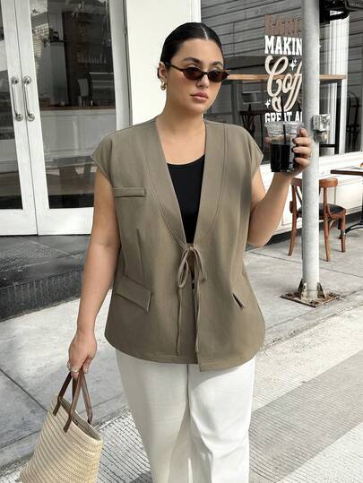 Dripcurv 大码女式冬季灰色休闲系带西装背心，新年造型，复古富贵感。