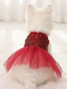 PETSIN Christmas Red Mesh Contrast Sequin Pet Dress - Burgundy - View 2
