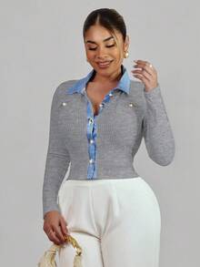 Xyvia Knitted Cardigan With Contrast Color Collar, Versatile Stylish Jacket, Ribbed Knit Fabric - Light Grey - View 6