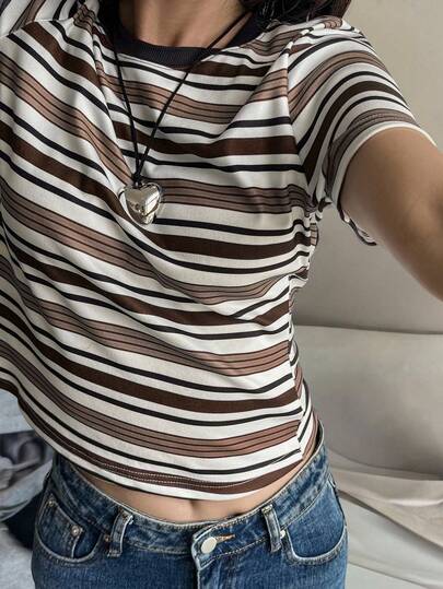 Livesso Camiseta de mujer de manga corta, cuello redondo y rayas, informal, para otoño