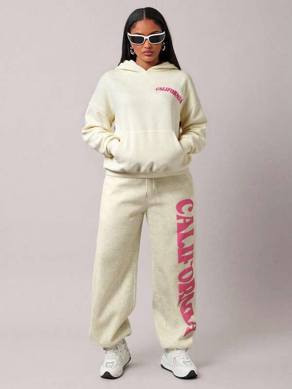 Radiana Sudadera con capucha oversize casual, forrada térmica, color albaricoque, sudadera oversize de otoño/invierno con gran estampado de letra rosa, ropa deportiva de estilo callejero, ropa de estar en casa, ropa Y2K, solo sudadera, sin pantalones