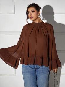 Femmeverse Plus Size Women Layered Ruffle Trim Long Sleeve Casual Top, Elegant Style For Holiday Fall - Coffee Brown - View 5