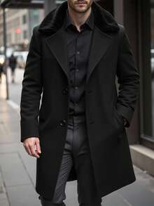 Manfinity Mode 男士加大码纯色外套，带口袋和前襟纽扣，长袖，秋季男士黑色外套，冬季男士毛领外套，黑色长款男士外套，男士长款外套，男士服装，男士商务休闲装，日常休闲，周末旅行，户外活动，探险旅行，轻松的工作环境或半正式场合，男友/丈夫礼物，周年纪念/生日礼物，派对，暑假，新年，婚礼，情人节 - 黑色 - 查看 6