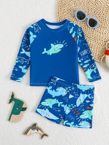 SHEIN 2pcs Baby/Toddler Boys' Swimsuit Set, Cute Cartoon Shark Print Colorblock Long Sleeve Knit Top And Swim Trunks, Separate Swimwear Outfit Boy Swim Set Baby Boy Rash Guard Boy Swimsuit Set Boy Long Sleeve Rash Guard Boy Swimsuit Set Long Sleeve Baby Boy Swim Set Baby Boy Swimsuit Long Sleeve Sea Animal Baby Clothes Beach Wear For Baby Boy Sea Horse Bathing Suit Toddler Baby Boy Shark Swimwear Boy Swimsuit Set Long Sleeve Baby Boy Beach Clothes - Blue - View 2