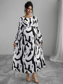 Momance Women's Fashionable Elegant Round Neck Twisted Asymmetric Geometric Print Waist Tie Maternity Long Sleeve Dress, Spring/Autumn - White - View 5