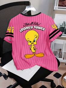 LOONEY TUNES X SHEIN Women's Striped And Cartoon Pattern Round Neck Short Sleeve T-Shirt - White - View 2