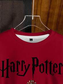 HARRY POTTER X SHEIN 女士休闲时尚街头时尚学院风动物徽章和字母印花落肩宽松羊毛套头衫，秋冬 - 白色 - 查看 4