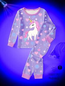 Toddler Girls  Loungewear Set Snug Fit 2-Piece Set - Blue Purple Unicorn Glow Print Long Sleeve Pajamas Set Cute Unicorn Luminous Applique Design Blue Purple Pink Dreamy Color Glow Luminous Fabric Long Sleeve Crew Neck Top Unicorn Glow Pants Combo Social Media Style Magical 2026 New Year Holiday Essential Little Girls Glow Home Set Night Clothes For Kids .This Product Requires UV Light Exposure To Glow. - Purple - View 4