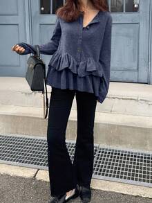 FRIFUL Women's Casual, Everyday, Workplace Commute Simple Solid Color Multi-Layer Ruffle Hem Button-Front T-Shirt, Spring/Autumn - Navy Blue - View 2