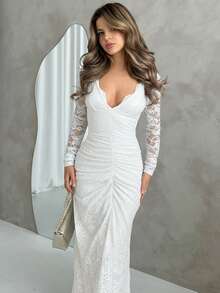 Jemour 女士优雅蕾丝褶饰连衣裙 - 白色 - 查看 1