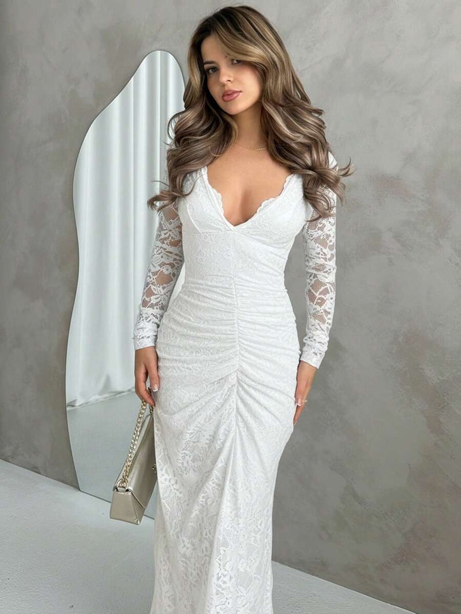 Jemour 女士优雅蕾丝褶饰连衣裙 - 白色 - 查看 1