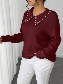 SHEIN Elenzya Jersey de cuello de perlas de unicolor minimalista para mujer - Burdeos - Ver 6