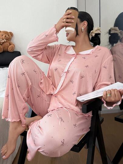 SHEIN 大码女式罗纹针织蝴蝶结印花睡衣套装，冬季服装