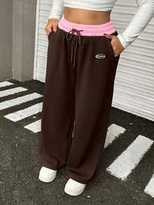 Muchica 大码休闲宽松抽绳阔腿运动裤 - 棕色 - 查看 1