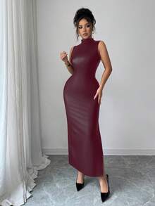 SHEIN Elenzya Đầm dài ôm sát gợi cảm cổ đứng không tay chất liệu da co giãn thắt lưng nơ bên hông mới cho nữ, phù hợp cho các buổi hẹn hò, tiệc tùng, đi chơi, trẻ trung và thanh lịch, mùa thu/đông - Màu Đỏ Sâu - Xem 3