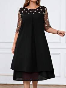 Miaspire 女式大码休闲宽松网眼拼布连衣裙 - 黑色 - 查看 5